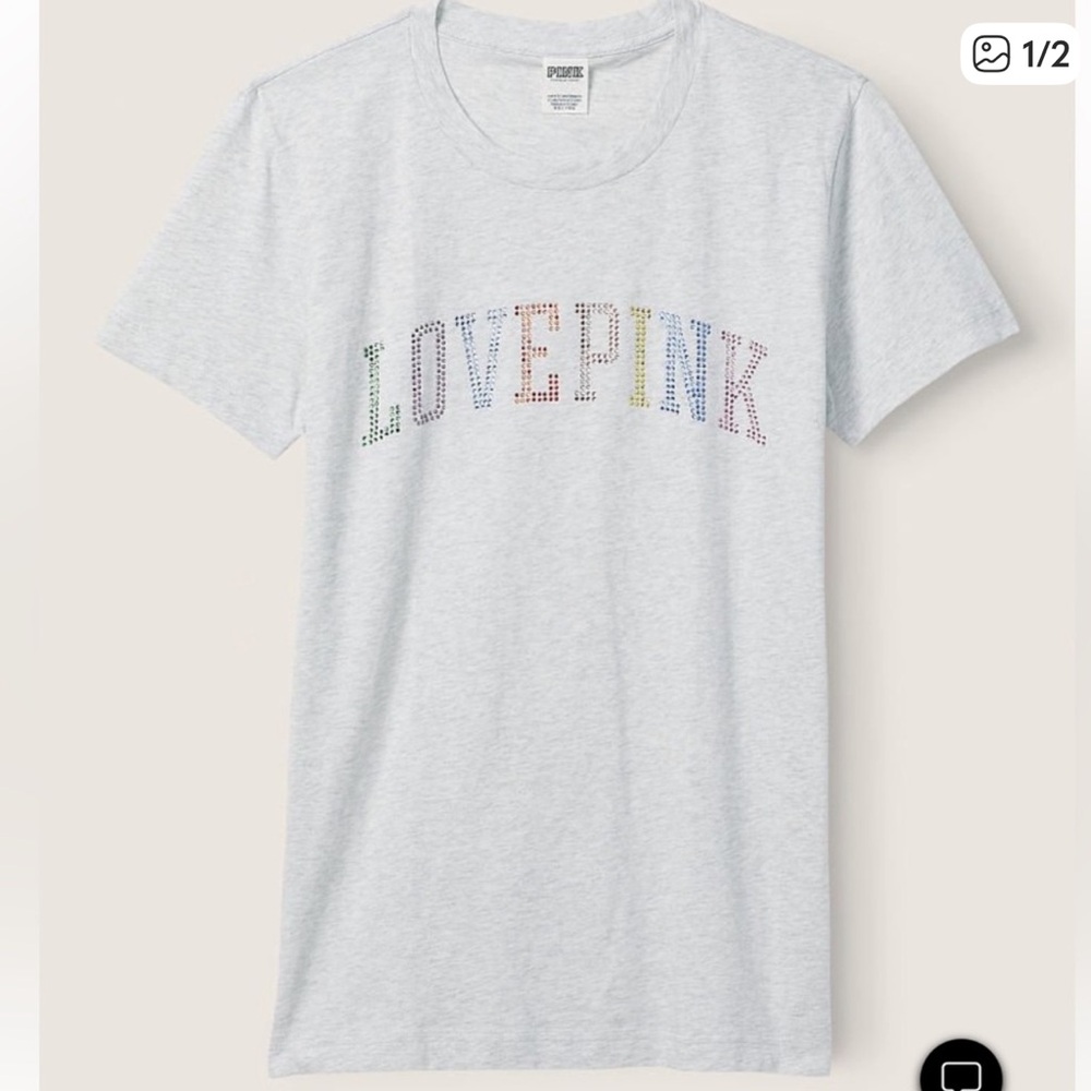 NWT PINK Victoria's Secret Gray Tee with Colorful Bling